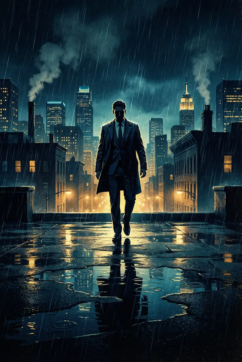 大唐十二行房 出品影片《雨夜独行者》海报，雨中城市屋顶男性剪影